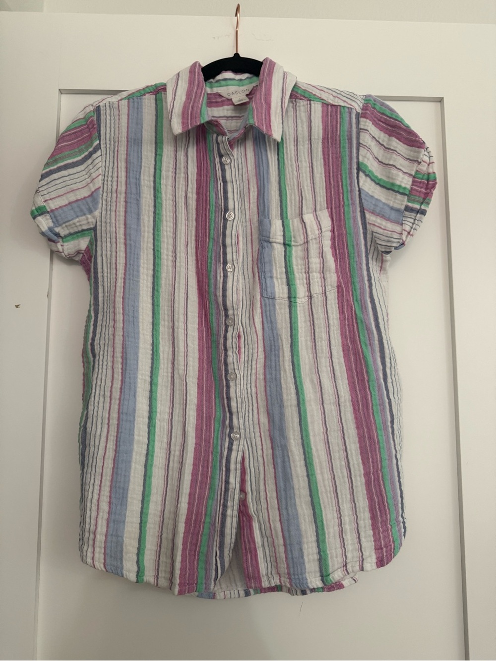 Caslon Pastel Striped Short-Sleeve Shirt in Pink, Green, Purple